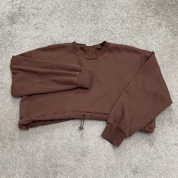 Zara Tops - Zara Cropped Drawstring Pullover Sweatshirt Womens Large Brown Fleece Casual